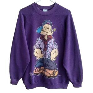 Vintage 90s Retro Popeye Purple Cotton Pullover Crewneck Sweatshirt XL
